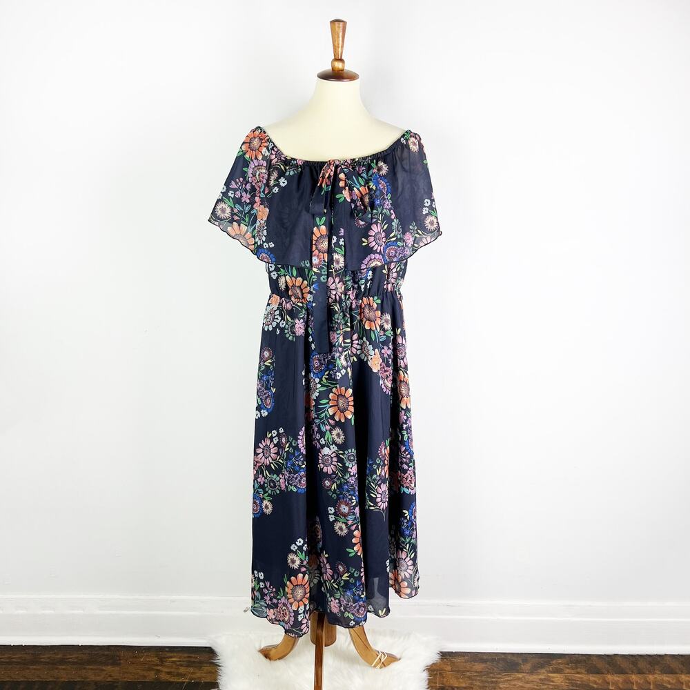 Eloquii Studio floral dress ruffle halter off shoulder midi maxi Plus Size 14